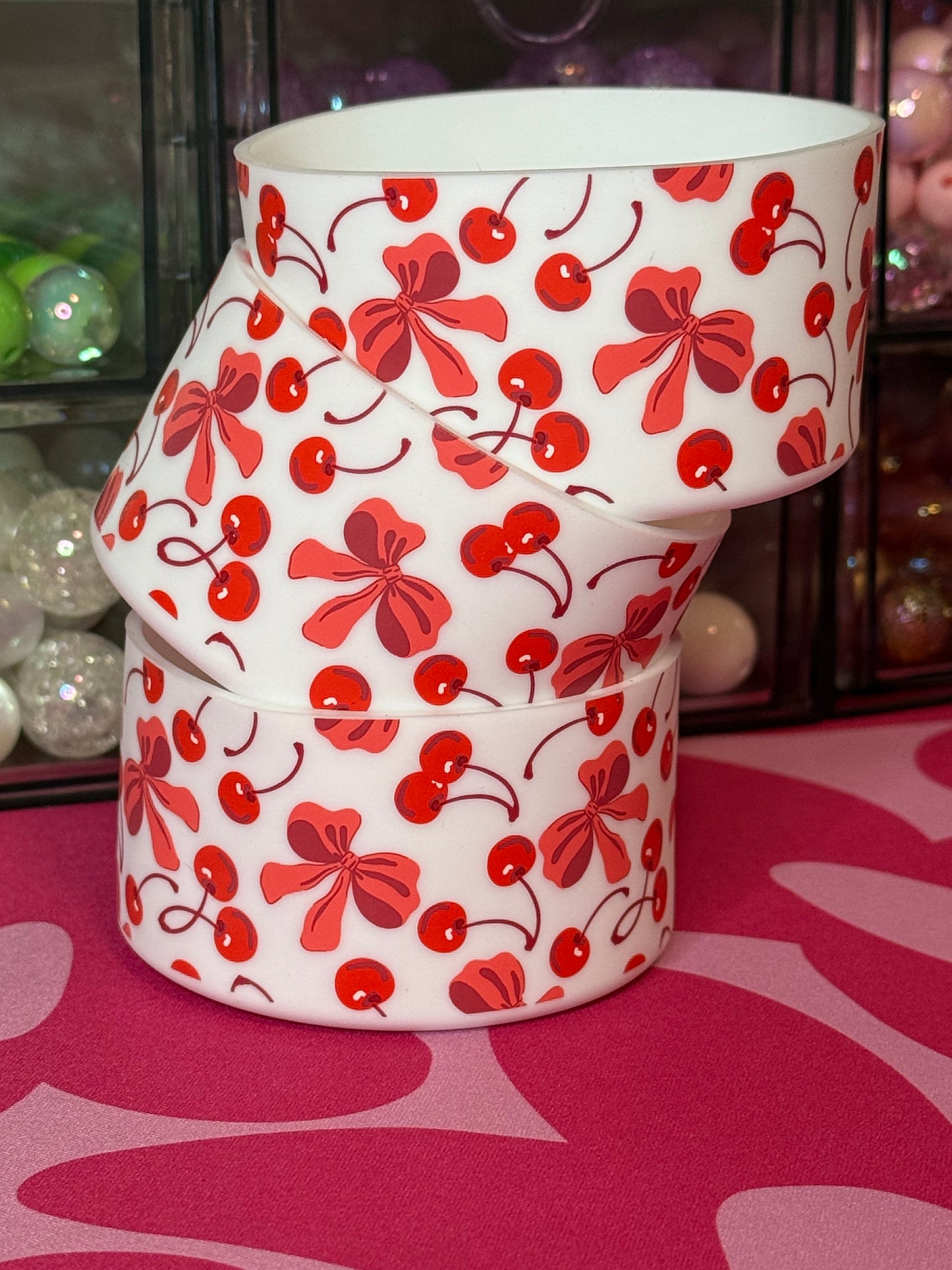 White Cherry & Bow Print Silicone Boot for Tumbler